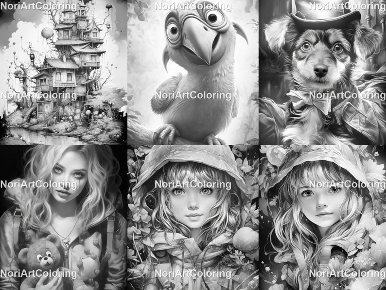 May include: A set of six black and white coloring pages featuring a variety of subjects, including a whimsical house, a parrot, a dog, and three portraits of women. Each page includes the text "NoriArtColoring" in the bottom corner.