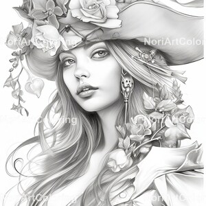 May include: A black and white pencil drawing of a woman with long flowing hair wearing a hat adorned with flowers. The woman is looking to the right of the image.