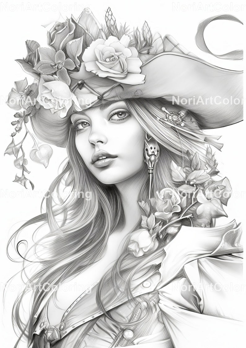 May include: A black and white pencil drawing of a woman with long flowing hair wearing a hat adorned with flowers. The woman is looking to the right of the image.