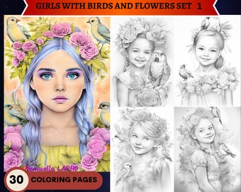 Juego de 30 páginas para colorear de niñas pequeñas con pájaros y flores en escala de grises 1 / Páginas para colorear para adultos imprimibles / Descargar ilustración en escala de grises/PDF