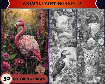 50 Animal Paintings Set 2 Grayscale Coloring Pages | Printable Adult Coloring Pages | Download Grayscale Illustration