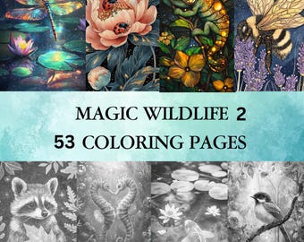 53 Magische Wildtiere 2 Graustufen Ausmalbilder | Fantasie Tiere | Haustiere Ausmalbilder | Digitales Malbuch für Erwachsene | PDF-Download