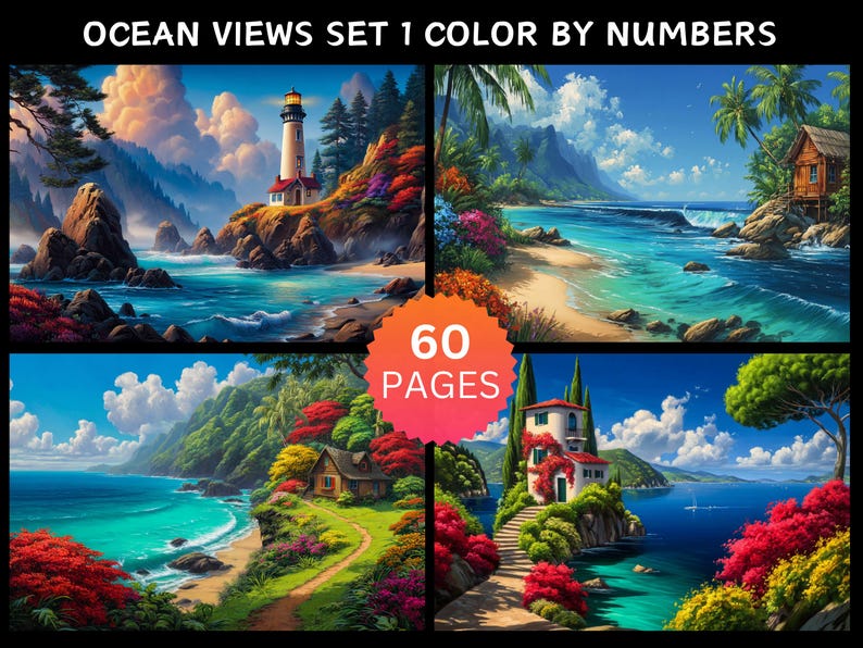 Ocean View Colours 60 Ocean Views Set 1 Color by Number Pages, Digital Coloring Pages ...