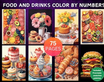 75 Color by Number Pages, Digital Coloring Pages, Paint by Numbers Bundle, Procreate Adults Coloring Book, Food Desserts Drinks CBN