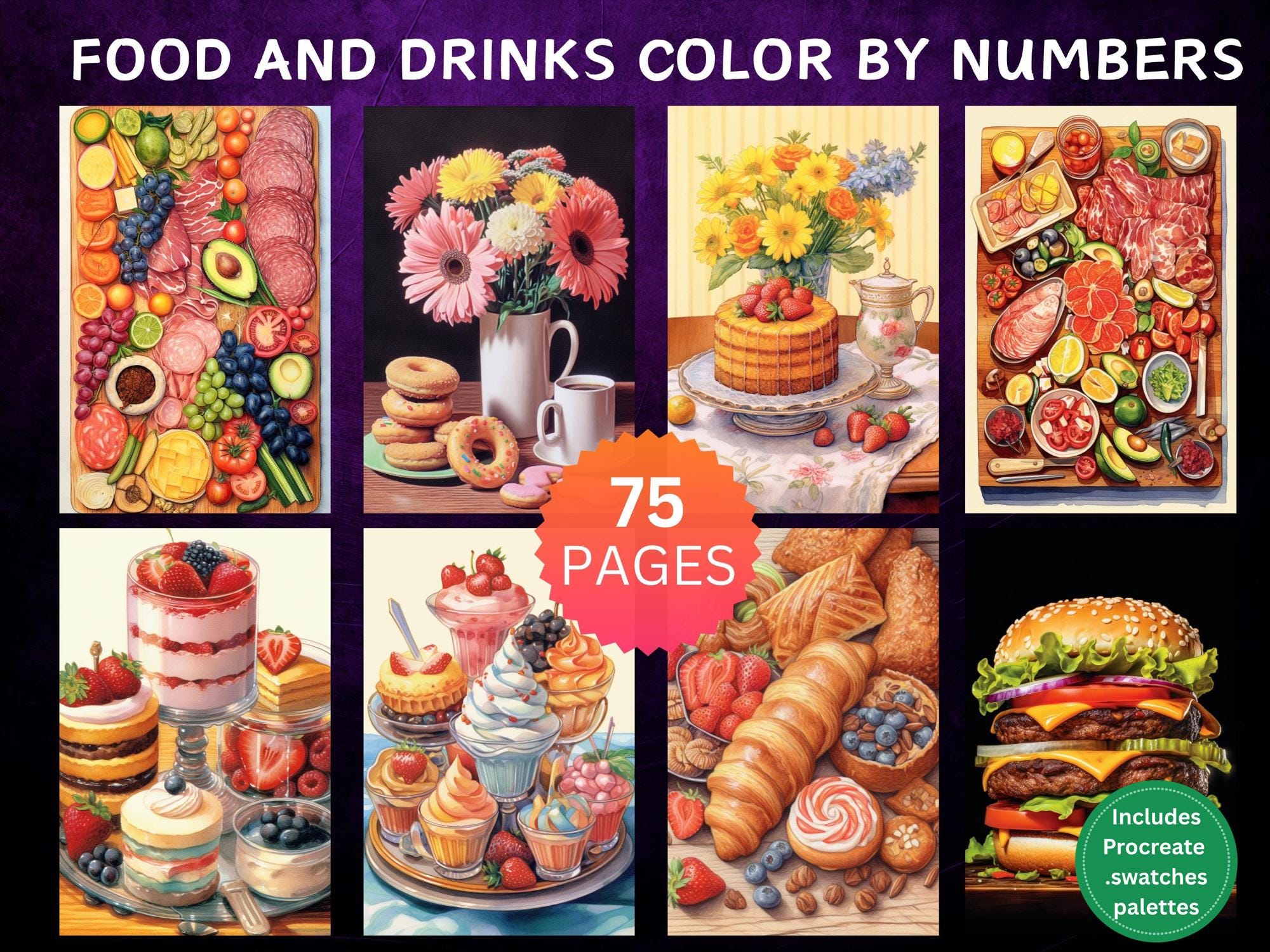 75 Food, Desserts & Drinks Color by Number Pages – Digital Coloring Bundle for Adults, PDF PNG JPG SVG, Procreate Compatible