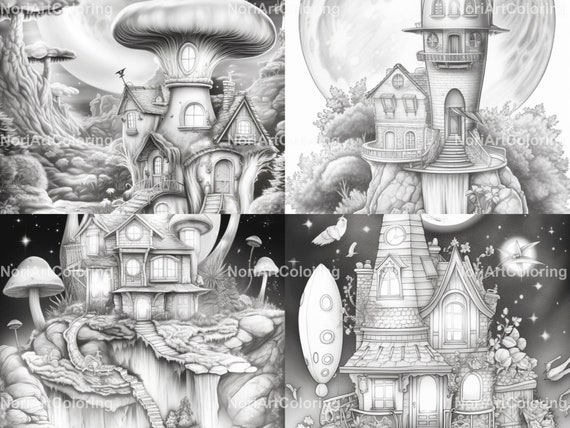 Moon Fairy Homes Grayscale Coloring Book (Spiral Bound)