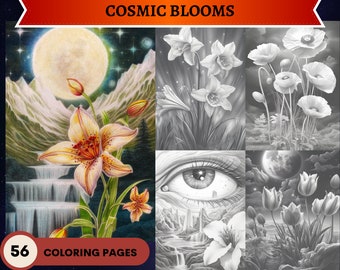 56 Cosmic Blooms Coloring Pages | Printable Adult Coloring Pages | Download Grayscale Illustration