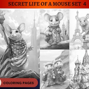 58 Secret Life of a Mouse Set 4 Coloring Pages | Coloring pages Adults | Instant Download Grayscale Coloring Page | Travelling Mouse