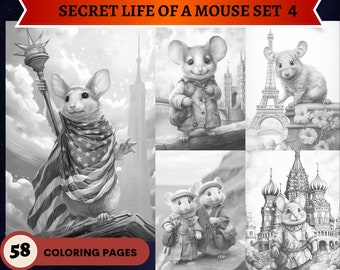 58 Secret Life of a Mouse Set 4 Coloring Pages | Coloring pages Adults | Instant Download Grayscale Coloring Page | Travelling Mouse