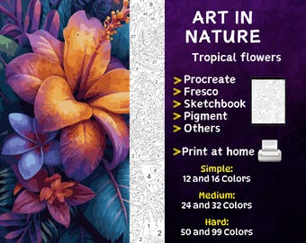Color by Number, Digital Coloring Pages, Paint by Numbers, Procreate Coloring Book, Adults Coloring Book, Tropical Flowers
