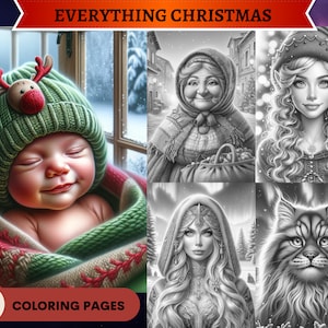 65 Everything Christmas Grayscale Coloring Pages | Animals Babies Fairies Angels Legends | Printable Adult Coloring Pages