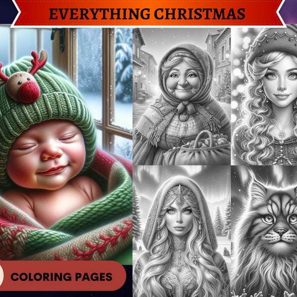 65 Everything Christmas Grayscale Coloring Pages | Animals Babies Fairies Angels Legends | Printable Adult Coloring Pages