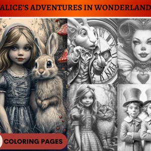 60 pages à colorier en niveaux de gris des aventures d'Alice au pays des merveilles | Coloriages à imprimer pour enfants adultes | Télécharger en niveaux de gris | Lièvre du Cheshire