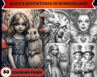 60 Alice's Adventures in Wonderland Grayscale Coloring Pages | Printable Adult Kids Coloring Pages | Download Grayscale | Cheshire Cat Hare