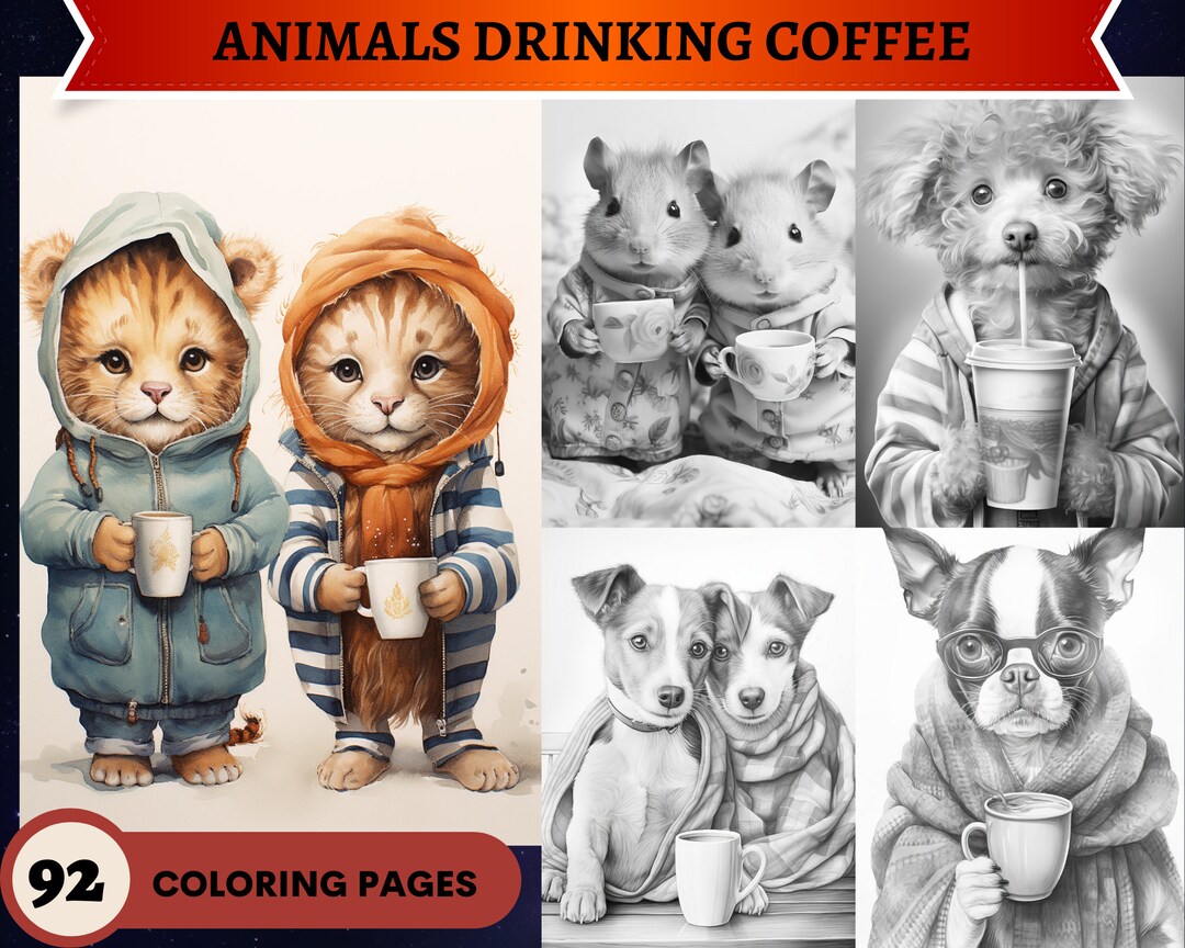 92 Animals in Pajamas Drinking Coffee / Tea Grayscale Coloring Pages ...