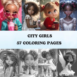 57 páginas para colorear de chicas de ciudad en escala de grises / Páginas para colorear imprimibles para adultos / Descargar en escala de grises / Dibujos animados lindos de moda para niños