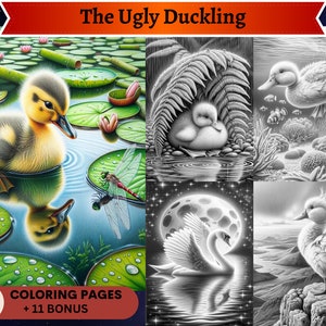 May include: A coloring book with 36 coloring pages and 11 bonus pages. The cover features four black and white illustrations of ducks and swans. The title of the book is "The Ugly Duckling".