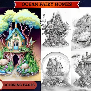 20 Grayscale Ocean Fairy Houses Coloring Book Set 1 | Printable Adult Coloring Pages | Download Grayscale Illustration | Printable PDF file