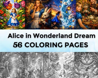 May include: A collection of illustrations from Alice in Wonderland, featuring colorful scenes with Alice, the Cheshire Cat, and the White Rabbit. The text "Alice in Wonderland Dream 56 COLORING PAGES" is displayed below the images.