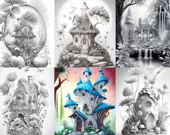 Libro para colorear de 20 casas de hadas en escala de grises (juego de 3) / Páginas para colorear imprimibles para adultos / Descargar ilustración en escala de grises / Archivo PDF imprimible