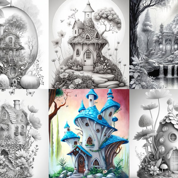 20 Grayscale Land Fairy Houses Coloring Book Set 3 | Printable Adult Coloring Pages | Download Grayscale Illustration | Printable PDF file