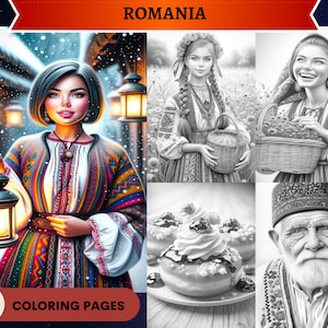 May include: A coloring book with 50 pages featuring illustrations of people in traditional Romanian clothing. The cover shows a woman in a colorful dress holding a lantern, a woman in a white dress holding a basket, a woman in a white dress holding a basket of flowers, and a man with a beard wearing a traditional hat.