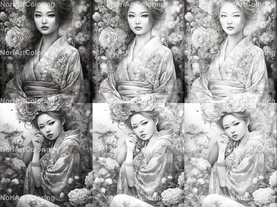 花柄の着物を着た日本の女性25人セット2｜明るい色、中くらいの色
