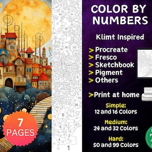 7 Color by Number Pages, Digital Coloring Pages, Paint by Numbers Bundle, Procreate Coloring Book, Adults Coloring Book, Klimt inspired