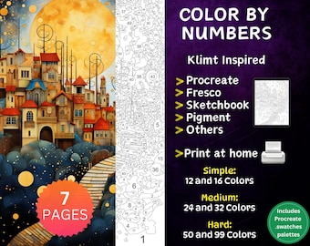 7 Color by Number Pages, Digital Coloring Pages, Paint by Numbers Bundle, Procreate Coloring Book, Adults Coloring Book, Klimt inspired
