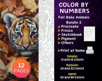 May include: Color by numbers coloring book featuring a baby tiger in autumn leaves. The book includes 12 pages and is available in simple, medium, and hard difficulty levels. The book is compatible with Procreate, Fresco, Sketchbook, Pigment, and other apps. It can also be printed at home.