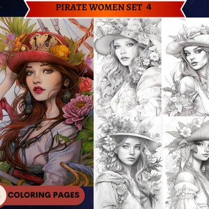 May include: A set of 14 coloring pages featuring pirate women with floral headbands and accessories. The women are depicted in various poses, some with swords, others with flowers. The coloring pages are in black and white, ready to be colored.