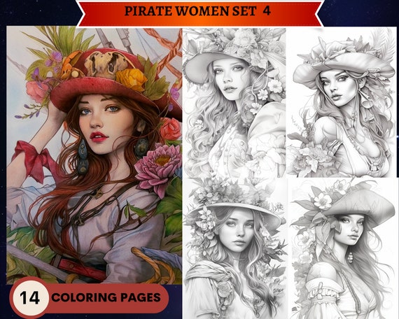 14 Pirate Women Vol 4 Bright and Dark versions  | Printable Adult Coloring Pages | Download Grayscale Illustration