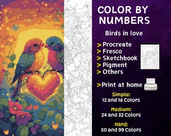 Color by Number, Digital Coloring Pages, Paint by Numbers, Procreate Coloring Book, Adults Coloring Book, Birds in love Coloring by Number