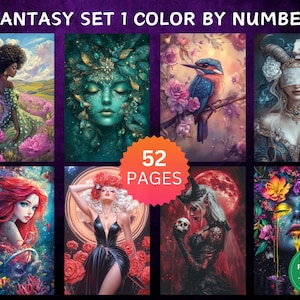 50 Color by Number Pages, Digital Coloring Pages, Paint by Numbers Bundle, Procreate Adults Coloring Book, Strange Fantasy Set 1 CBN