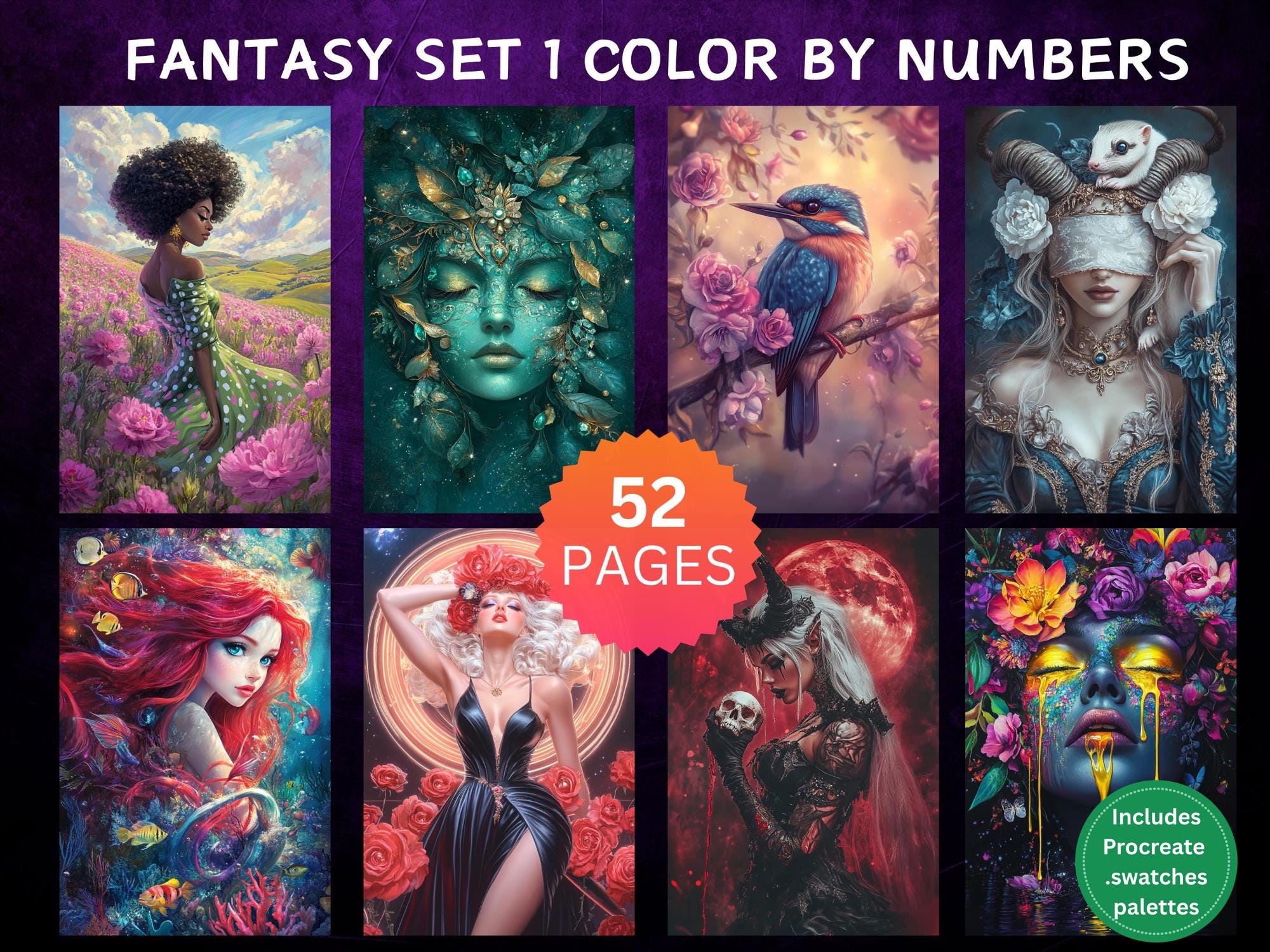 50 Strange Fantasy Color by Number Pages — Digital Coloring Book Bundle for Adults, Procreate & Printable