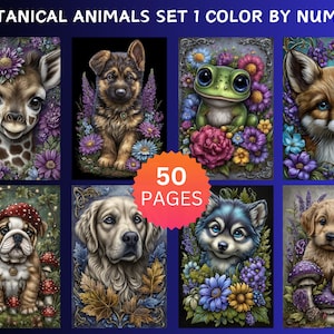 Puede incluir: Un conjunto de ocho ilustraciones coloridas de varios animales, incluyendo una jirafa, un cachorro, una rana y un zorro, rodeados de flores. Se muestra el texto "BOTANICAL ANIMALS SET 1 COLOR BY NUMBER" y "50 PAGES".
