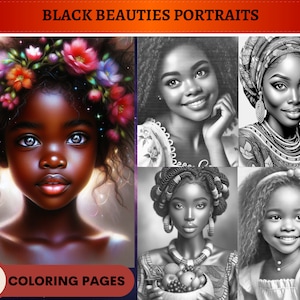50 Black Beauties Portraits Grayscale Coloring Pages | Printable Adult Kids Coloring Pages | Download Grayscale | African American