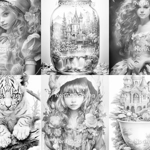 May include: A collection of six black and white coloring pages featuring a girl with a flower crown, a house in a jar, a girl with a hood, a tiger cub, a house in a teacup, and a girl with long hair.