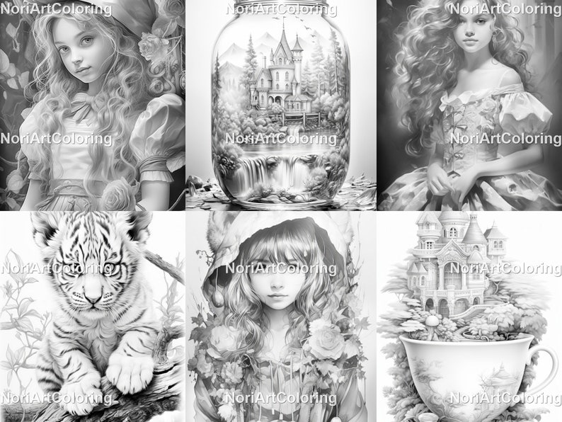 May include: A collection of six black and white coloring pages featuring a girl with a flower crown, a house in a jar, a girl with a hood, a tiger cub, a house in a teacup, and a girl with long hair.
