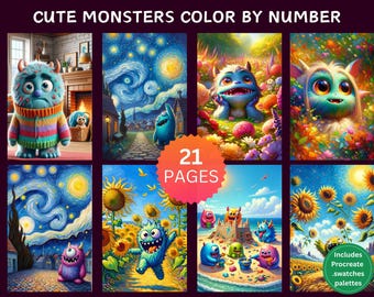 21 Cute Monsters Color by Number Pages, Digital Coloring Pages, Paint by Numbers Bundle, Procreate Adults Coloring Book