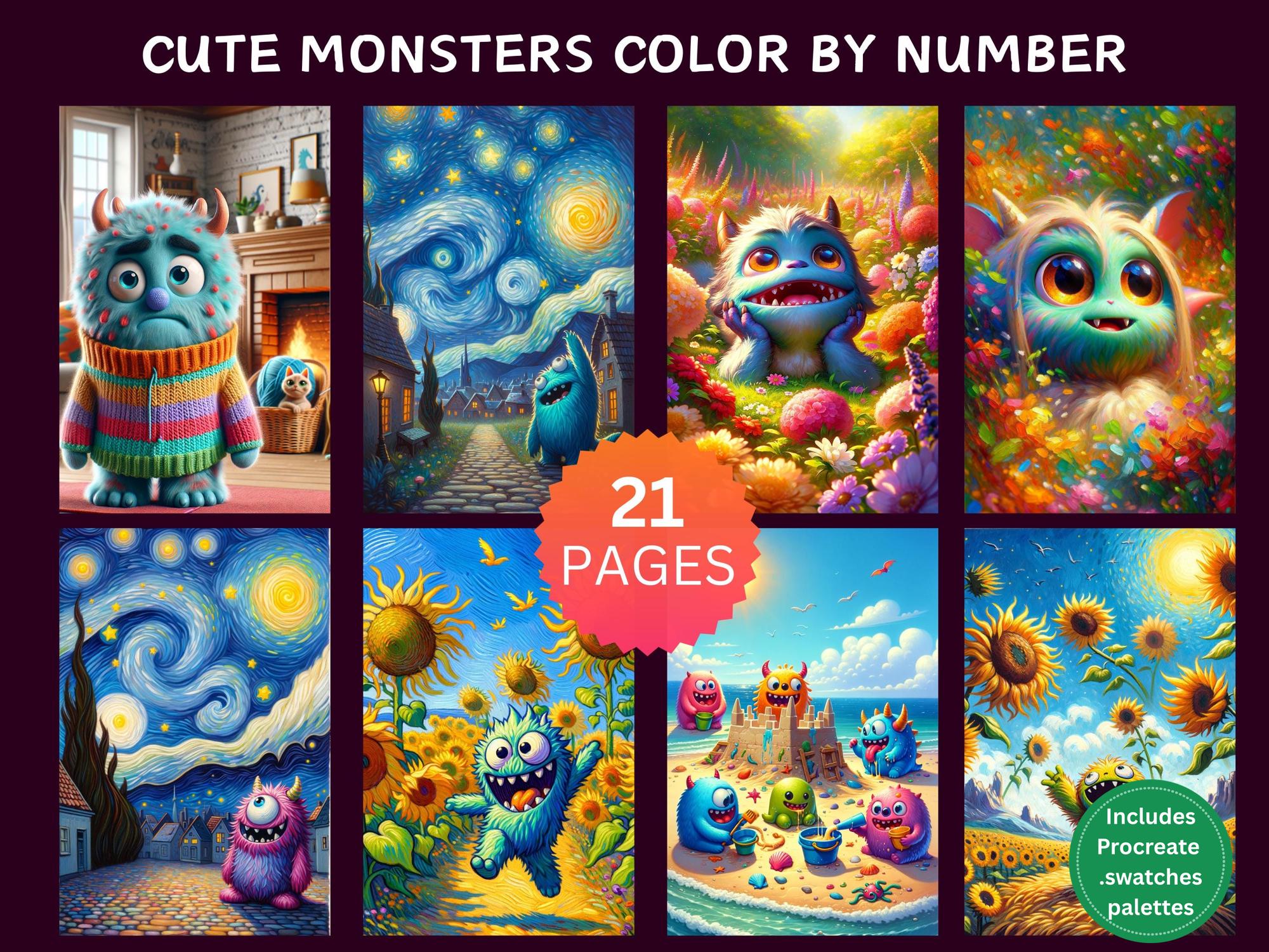 21 Cute Monsters Color by Number Pages – Digital Coloring Book Bundle for Kids, Teens & Adults, Procreate Friendly