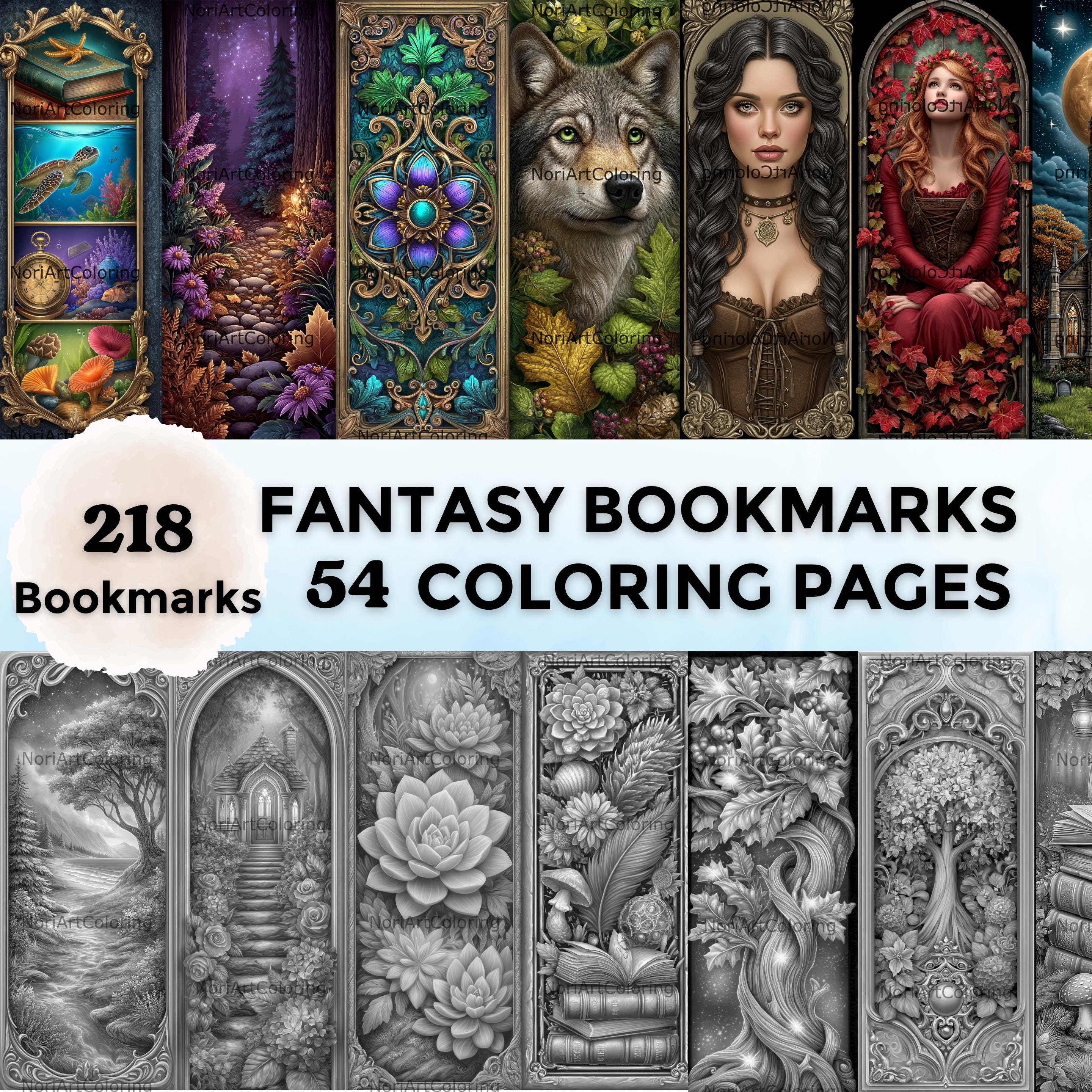 54 Marcapáginas de fantasía gótica para colorear en escala de grises / 218 Marcapáginas / Páginas para colorear imprimibles para adultos y niños / PDF imprimible / Animales y naturaleza