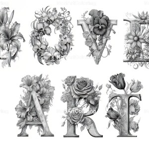 以下が含まれることがあります： 「LOVE ART」という言葉の白黒の鉛筆画。各文字はさまざまな種類の草花で飾られています。
