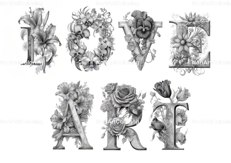 以下が含まれることがあります： 「LOVE ART」という言葉の白黒の鉛筆画。各文字はさまざまな種類の草花で飾られています。