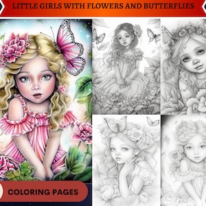 33 Little Girls with Flowers and Butterflies | Printable Adult Coloring Pages | Download Grayscale Illustration | Printable PDF