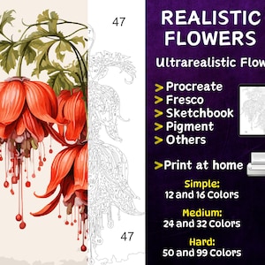 Color by Number, Digital Coloring Pages, Paint by Numbers, Procreate Coloring Book, Adults Coloring , Ultrarealistic Flower 5