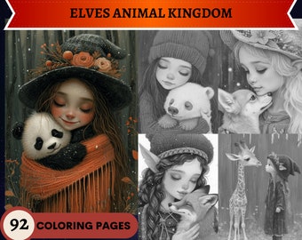 92 El reino animal de los elfos: Cuentos de amistad y magia para colorear / Páginas para colorear para adultos imprimibles / Descargar ilustración en escala de grises