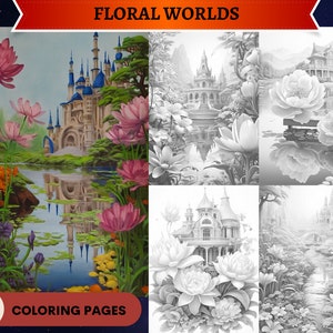 50 Floral Worlds Grayscale Coloring Pages |Surreal Landscapes with flowers| Printable Adult Coloring Pages | Download Grayscale Illustration