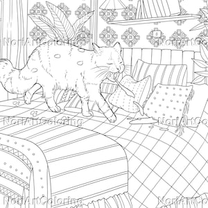 Puede incluir: Un dibujo en blanco y negro de un gato jugando con una almohada en una cama. El gato est&aacute; acostado de lado y tiene su pata en la almohada. La cama tiene un patr&oacute;n a cuadros y un borde con volantes.