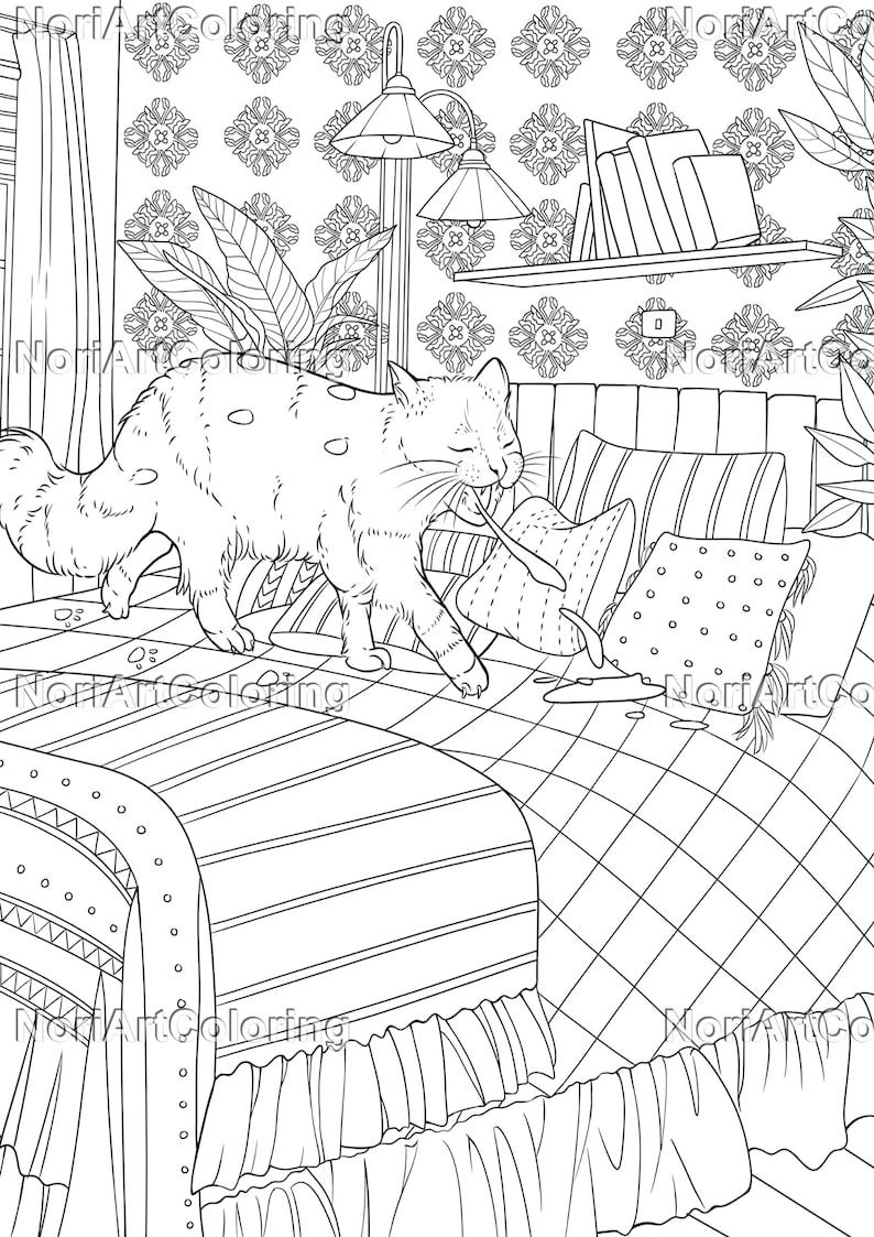 Puede incluir: Un dibujo en blanco y negro de un gato jugando con una almohada en una cama. El gato est&aacute; acostado de lado y tiene su pata en la almohada. La cama tiene un patr&oacute;n a cuadros y un borde con volantes.